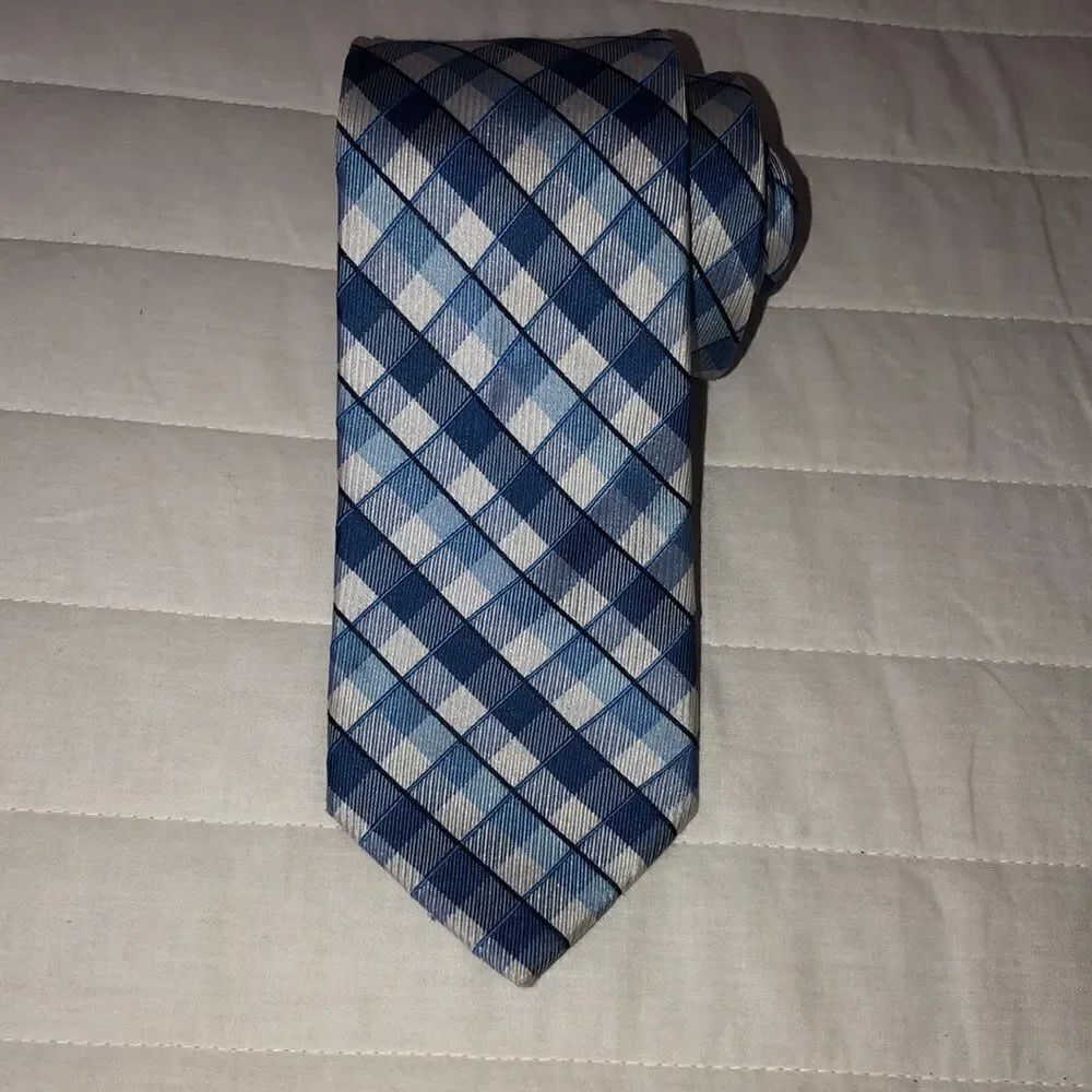Nautica Blue White Gingham Silk Tie
